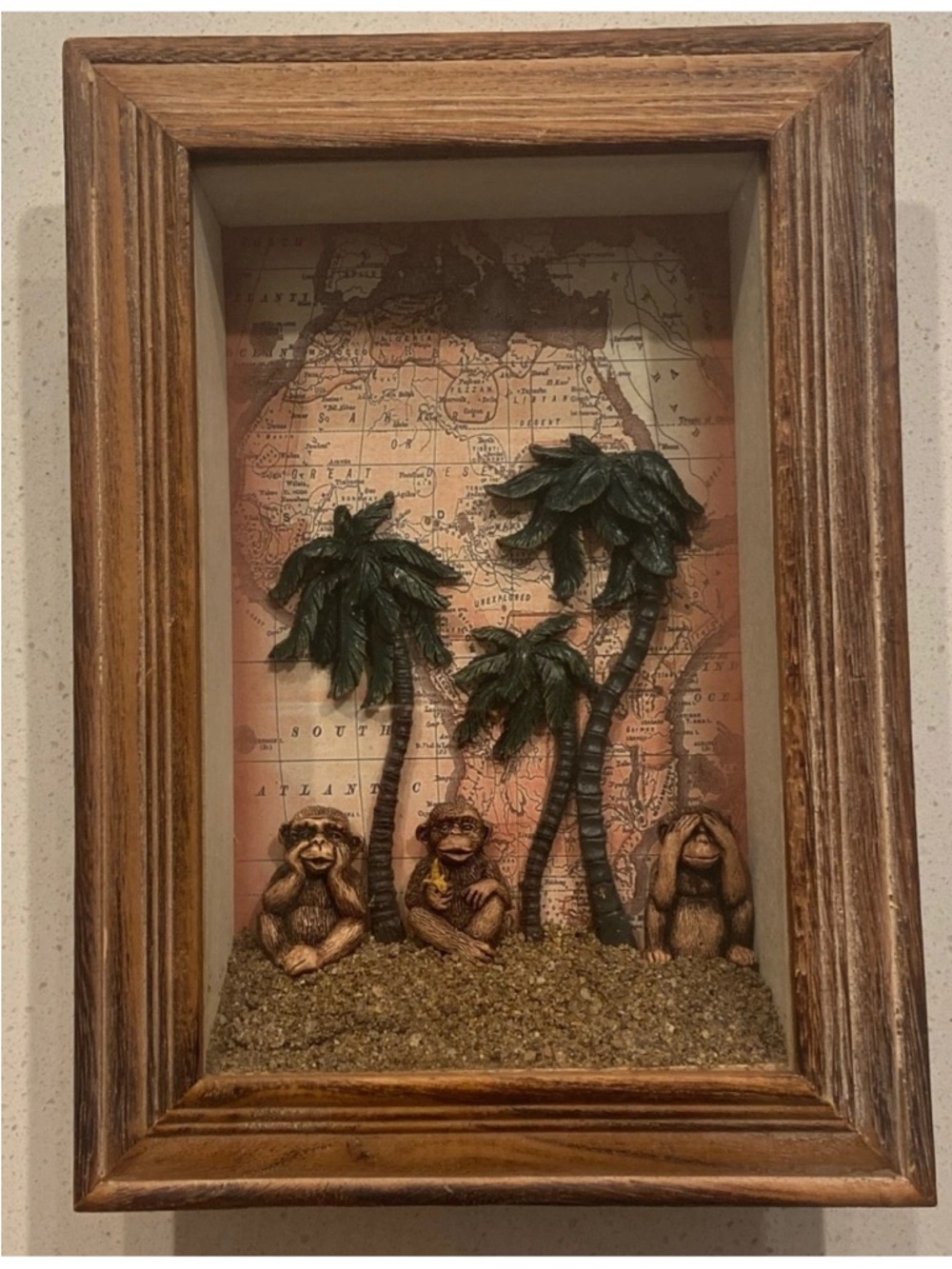 Three Wise Monkeys Beach Shadowbox Wall Art - Palm Trees and Map
